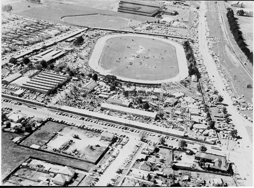 Aerial view of racetrack and surrounding area.