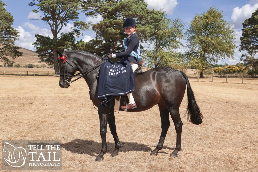Horse rider with championship blanket.