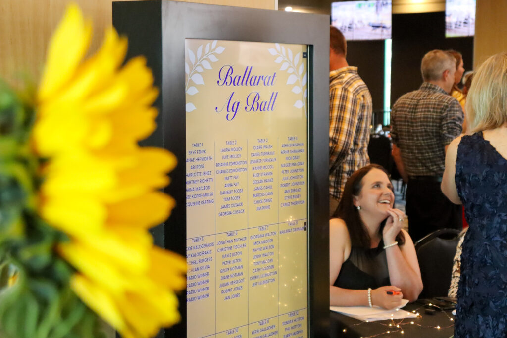 Ballarat Ag Ball seating chart and sunflower bouquet.